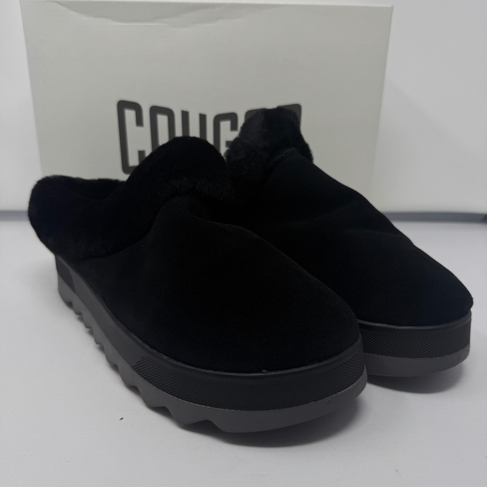 Cougar Pronya Black Suede Platform Slippers Genuine Sheepskin Lining Womens 11